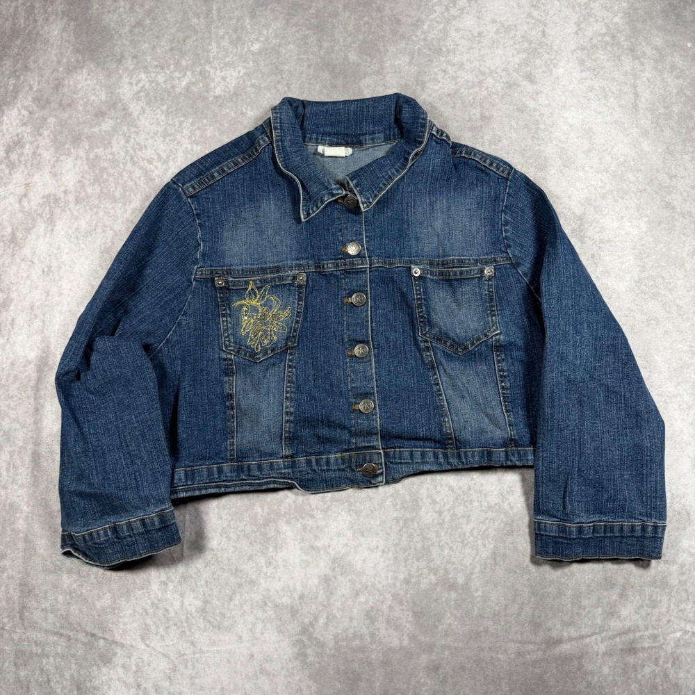 Vintage Exit USA Denim Jacket Women Medium Y2K Star Button Blue Sequin Fairycore